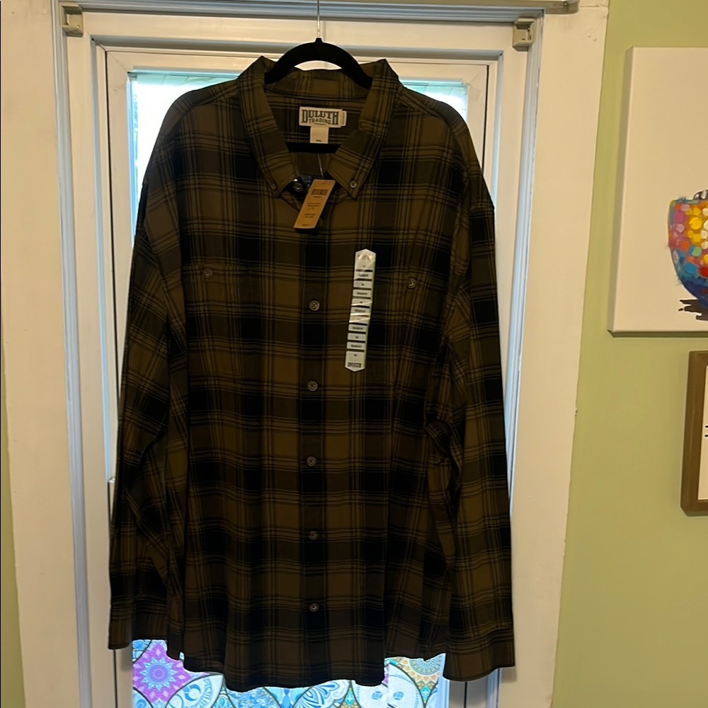 Duluth Trading Co. Olive and Black Plaid Shirt